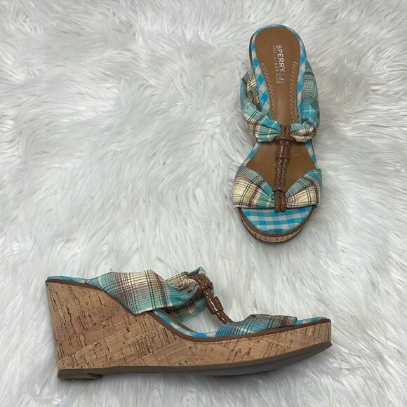 Sperry Topsider Shoreham Plaid T Strap Cork Wedge Sandals Sz 7.5 - Picture 2 of 8